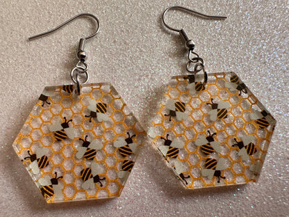 Bee Earrings: Laser Cut Acrylic Honey Bees, Bumblebees, Bumble Bees, Honeybees, Insects, Honey, Yellow, Hive, Best Gifts for Her/Him/Them
