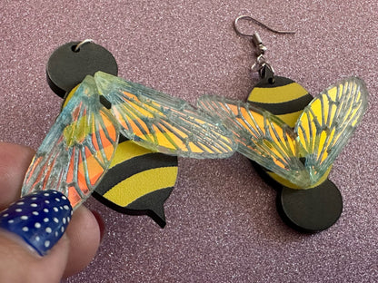 Bee Earrings: Laser Cut Acrylic Honey Bees, Bumblebees, Bumble Bees, Honeybees, Insects, Honey, Yellow, Hive, Best Gifts for Her/Him/Them