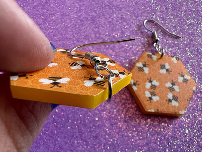 Bee Earrings: Laser Cut Acrylic Honey Bees, Bumblebees, Bumble Bees, Honeybees, Insects, Honey, Yellow, Hive, Best Gifts for Her/Him/Them