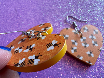 Bee Earrings: Laser Cut Acrylic Honey Bees, Bumblebees, Bumble Bees, Honeybees, Insects, Honey, Yellow, Hive, Best Gifts for Her/Him/Them