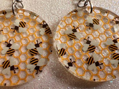 Bee Earrings: Laser Cut Acrylic Honey Bees, Bumblebees, Bumble Bees, Honeybees, Insects, Honey, Yellow, Hive, Best Gifts for Her/Him/Them