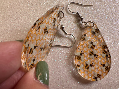 Bee Earrings: Laser Cut Acrylic Honey Bees, Bumblebees, Bumble Bees, Honeybees, Insects, Honey, Yellow, Hive, Best Gifts for Her/Him/Them