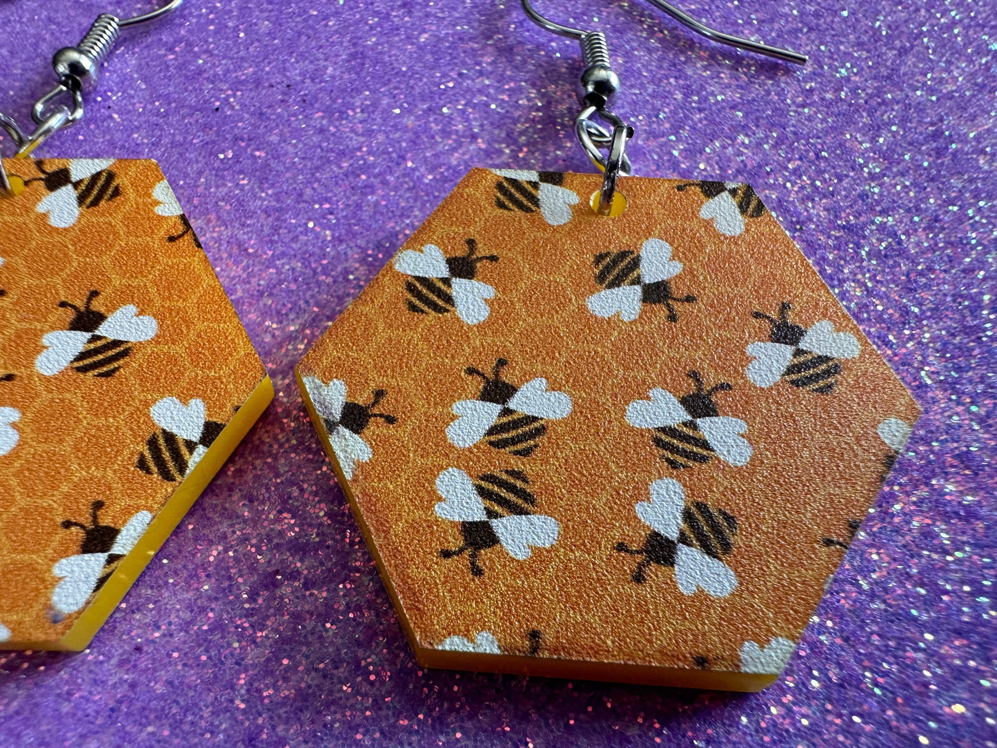Bee Earrings: Laser Cut Acrylic Honey Bees, Bumblebees, Bumble Bees, Honeybees, Insects, Honey, Yellow, Hive, Best Gifts for Her/Him/Them