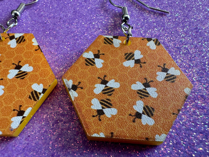 Bee Earrings: Laser Cut Acrylic Honey Bees, Bumblebees, Bumble Bees, Honeybees, Insects, Honey, Yellow, Hive, Best Gifts for Her/Him/Them