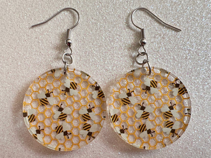 Bee Earrings: Laser Cut Acrylic Honey Bees, Bumblebees, Bumble Bees, Honeybees, Insects, Honey, Yellow, Hive, Best Gifts for Her/Him/Them