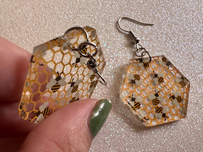 Bee Earrings: Laser Cut Acrylic Honey Bees, Bumblebees, Bumble Bees, Honeybees, Insects, Honey, Yellow, Hive, Best Gifts for Her/Him/Them