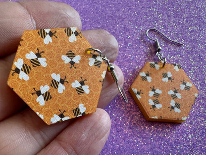 Bee Earrings: Laser Cut Acrylic Honey Bees, Bumblebees, Bumble Bees, Honeybees, Insects, Honey, Yellow, Hive, Best Gifts for Her/Him/Them