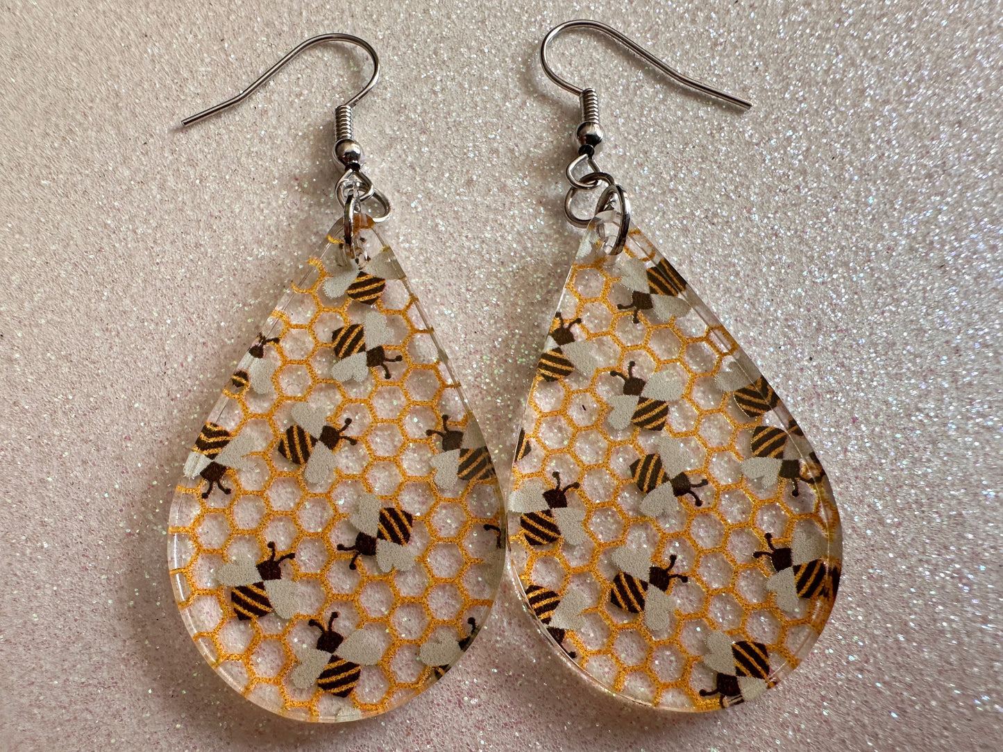 Bee Earrings: Laser Cut Acrylic Honey Bees, Bumblebees, Bumble Bees, Honeybees, Insects, Honey, Yellow, Hive, Best Gifts for Her/Him/Them