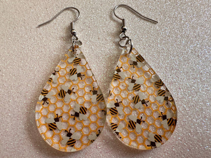 Bee Earrings: Laser Cut Acrylic Honey Bees, Bumblebees, Bumble Bees, Honeybees, Insects, Honey, Yellow, Hive, Best Gifts for Her/Him/Them