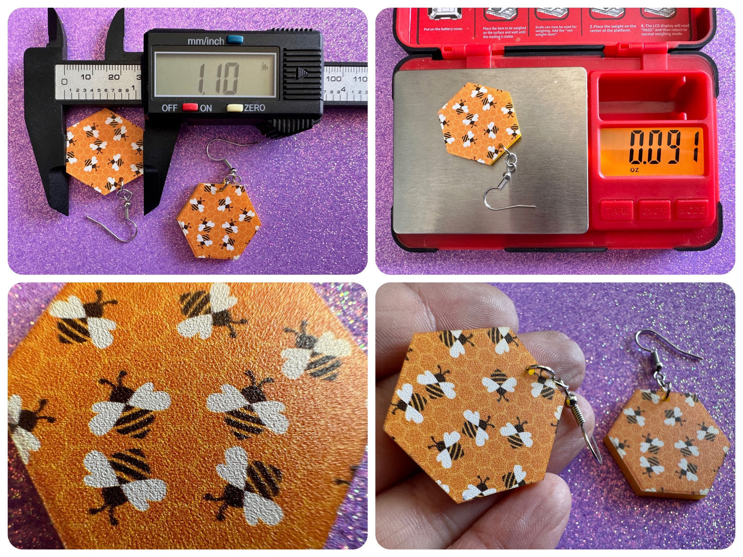 Bee Earrings: Laser Cut Acrylic Honey Bees, Bumblebees, Bumble Bees, Honeybees, Insects, Honey, Yellow, Hive, Best Gifts for Her/Him/Them