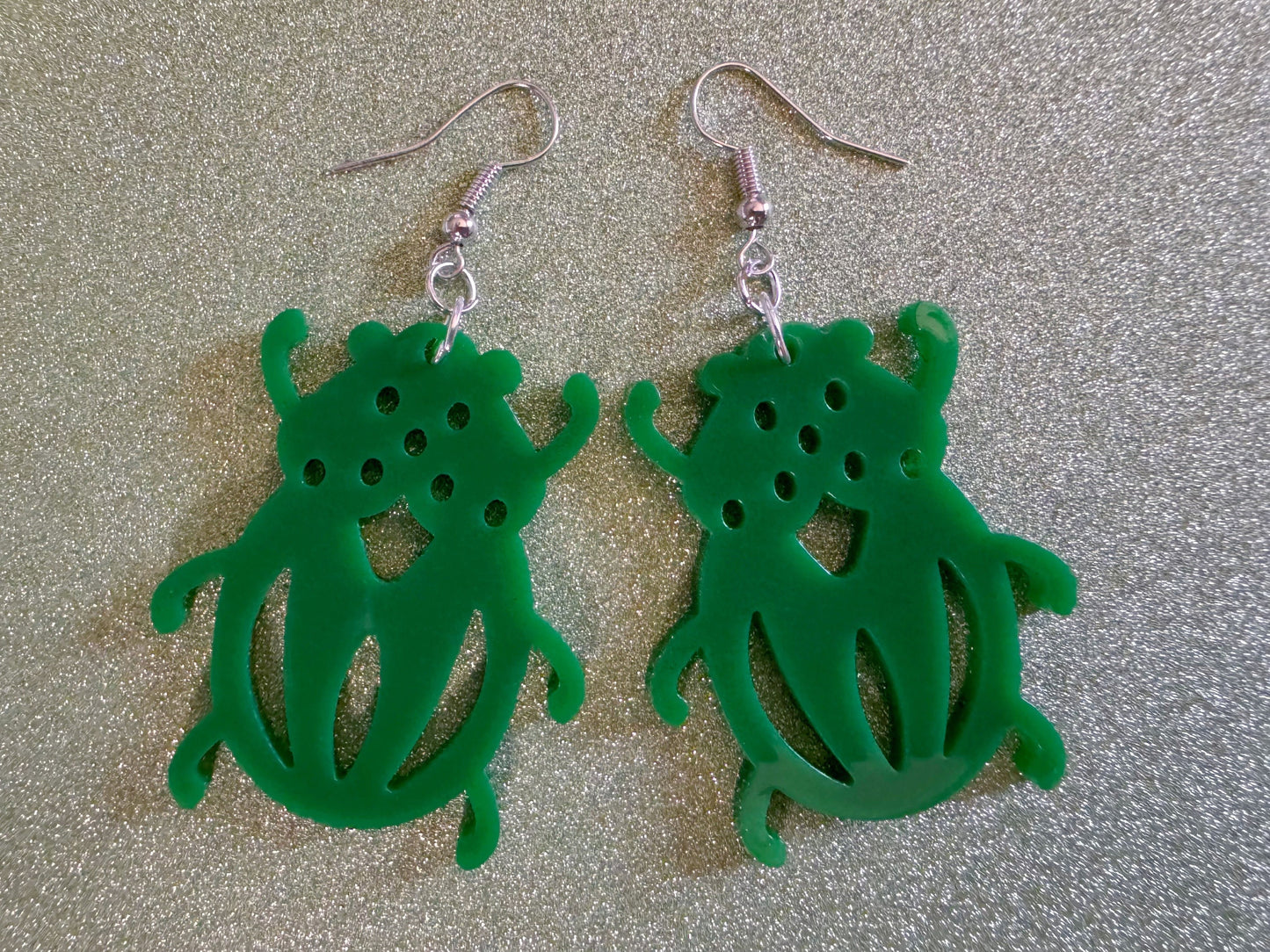 Beetle Earrings: Laser Cut Acrylic Beetles, Green Earrings, Bugs, Insects, Entomology, Costume Jewelry, Novelty, Best Gifts for Her/Him/Them