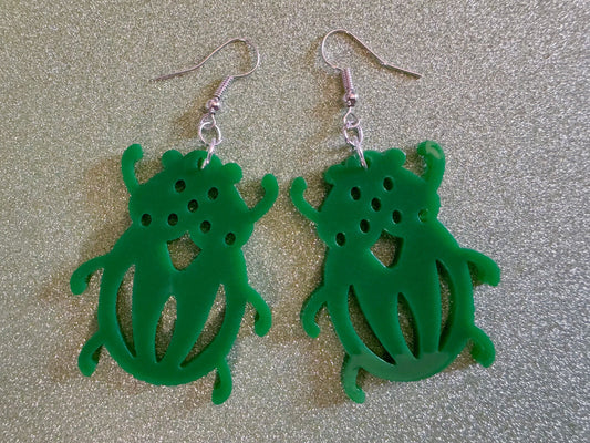 Beetle Earrings: Laser Cut Acrylic Beetles, Green Earrings, Bugs, Insects, Entomology, Costume Jewelry, Novelty, Best Gifts for Her/Him/Them