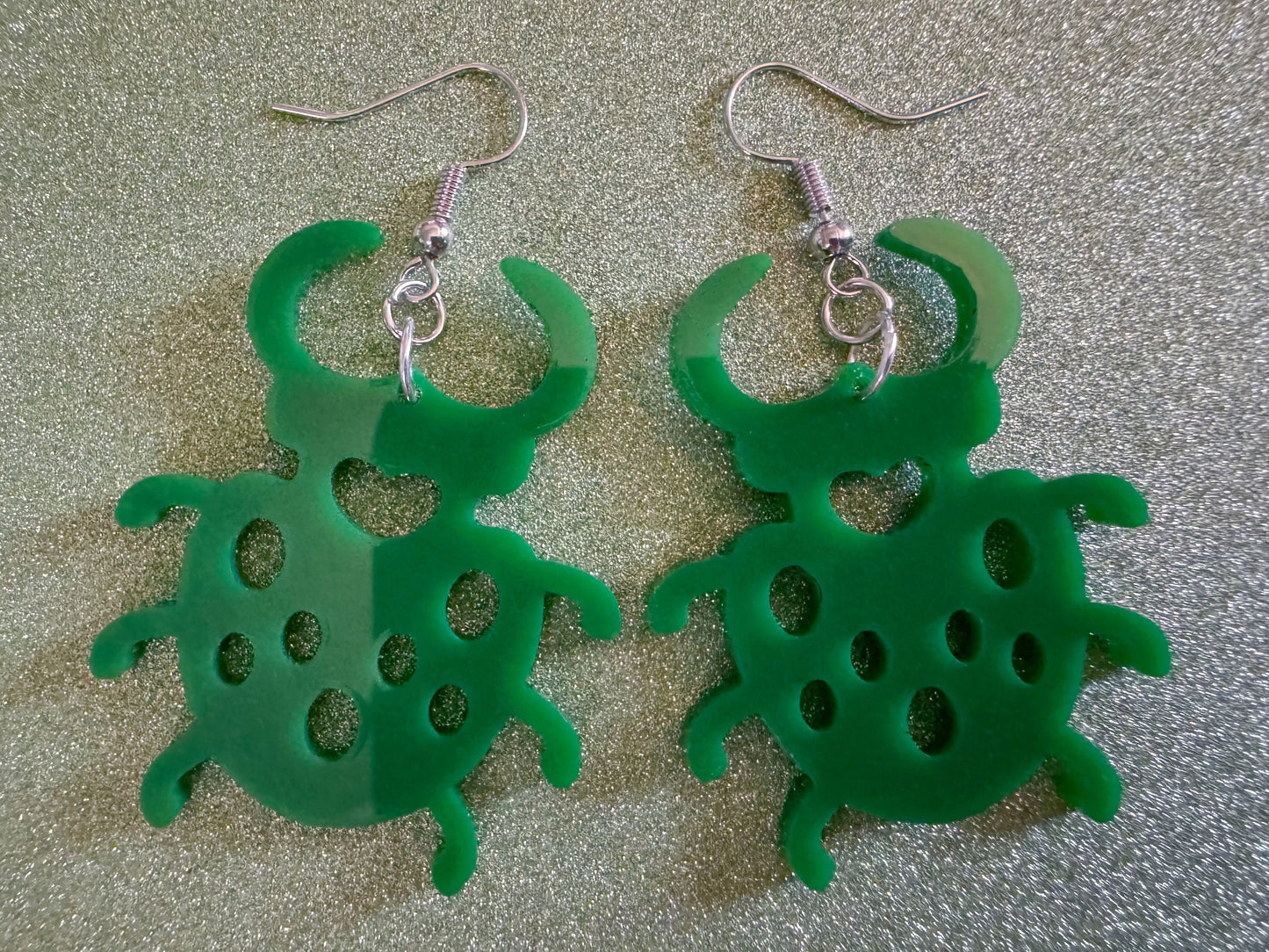 Beetle Earrings: Laser Cut Acrylic Beetles, Green Earrings, Bugs, Insects, Entomology, Costume Jewelry, Novelty, Best Gifts for Her/Him/Them
