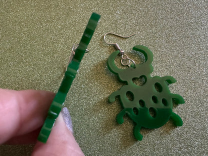 Beetle Earrings: Laser Cut Acrylic Beetles, Green Earrings, Bugs, Insects, Entomology, Costume Jewelry, Novelty, Best Gifts for Her/Him/Them