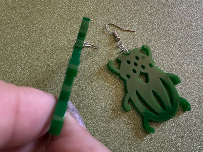 Beetle Earrings: Laser Cut Acrylic Beetles, Green Earrings, Bugs, Insects, Entomology, Costume Jewelry, Novelty, Best Gifts for Her/Him/Them