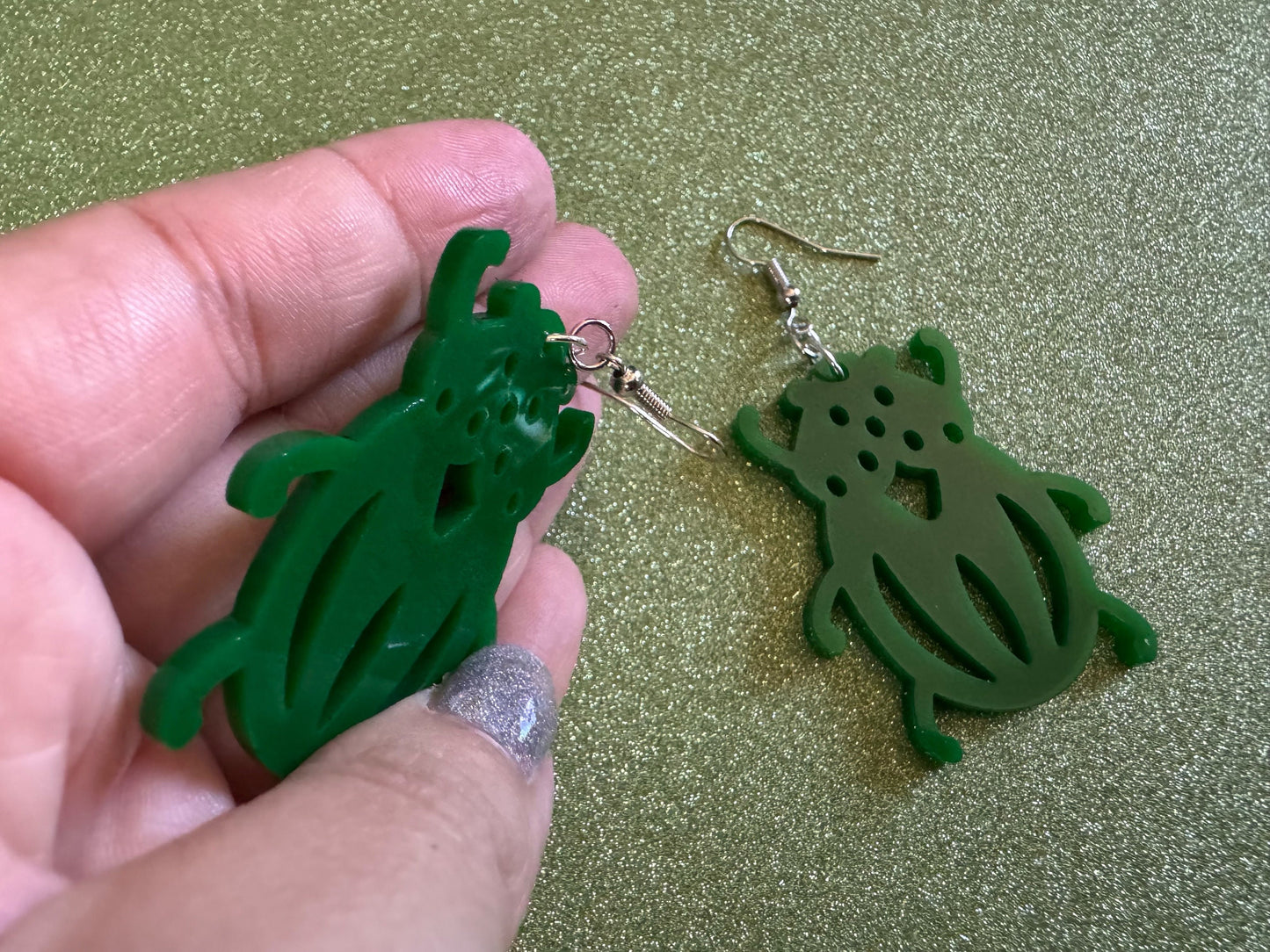 Beetle Earrings: Laser Cut Acrylic Beetles, Green Earrings, Bugs, Insects, Entomology, Costume Jewelry, Novelty, Best Gifts for Her/Him/Them