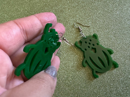 Beetle Earrings: Laser Cut Acrylic Beetles, Green Earrings, Bugs, Insects, Entomology, Costume Jewelry, Novelty, Best Gifts for Her/Him/Them