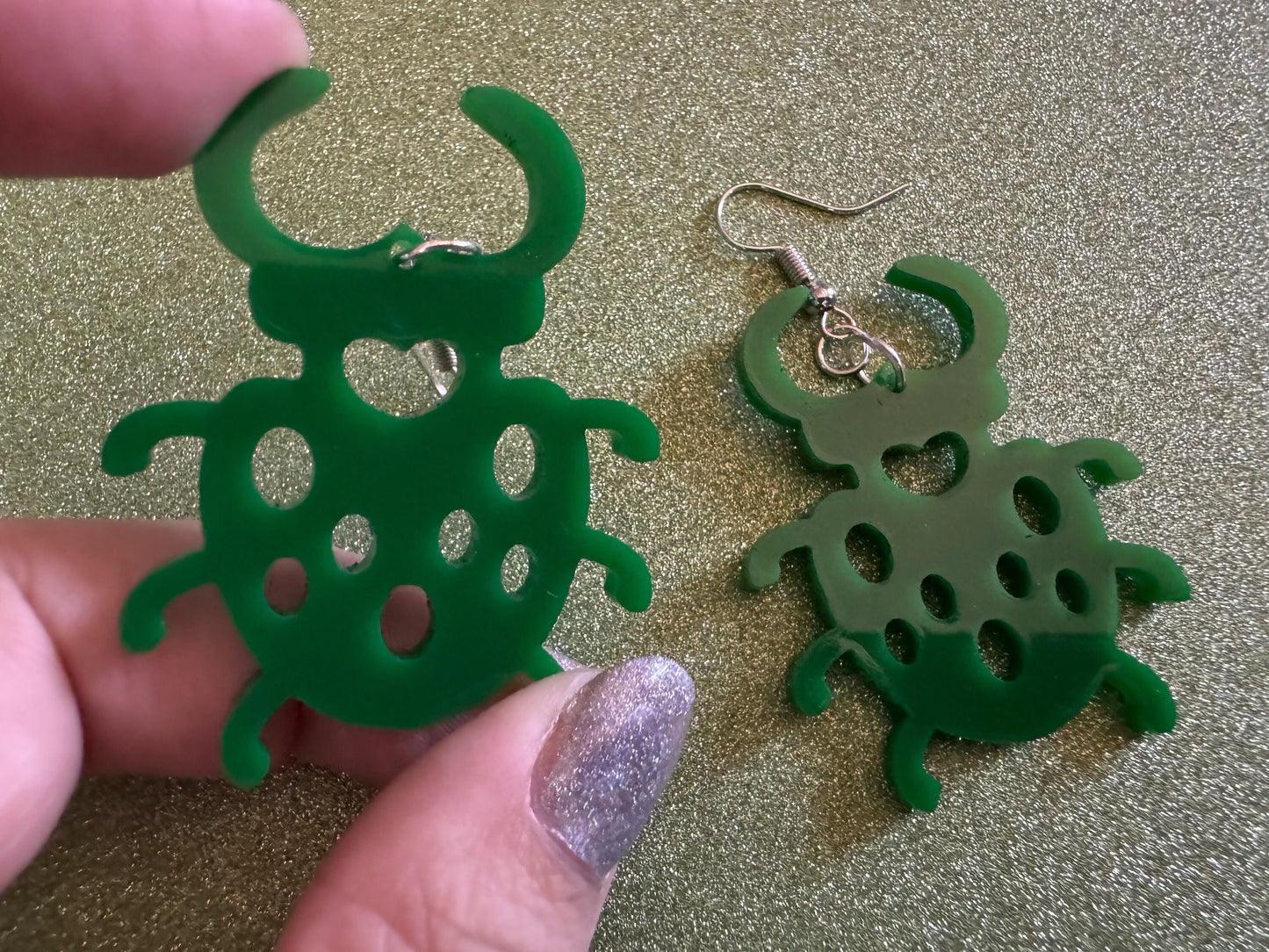 Beetle Earrings: Laser Cut Acrylic Beetles, Green Earrings, Bugs, Insects, Entomology, Costume Jewelry, Novelty, Best Gifts for Her/Him/Them