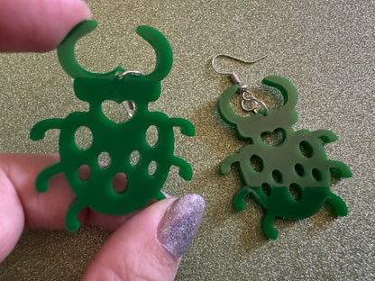 Beetle Earrings: Laser Cut Acrylic Beetles, Green Earrings, Bugs, Insects, Entomology, Costume Jewelry, Novelty, Best Gifts for Her/Him/Them