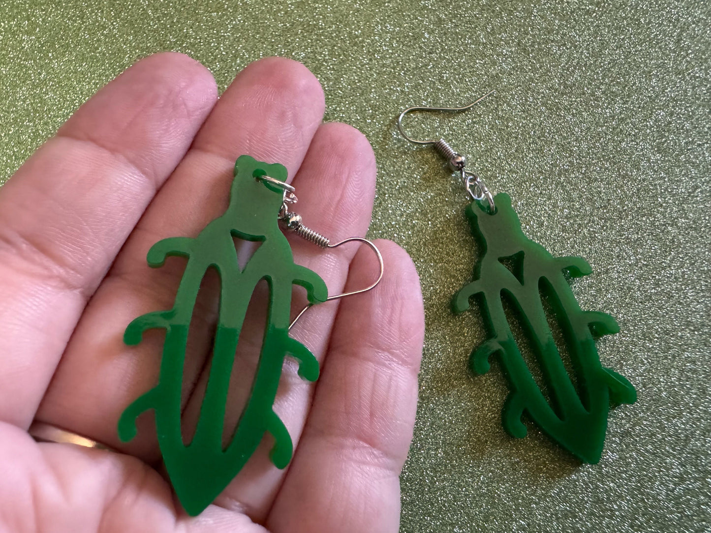 Beetle Earrings: Laser Cut Acrylic Beetles, Green Earrings, Bugs, Insects, Entomology, Costume Jewelry, Novelty, Best Gifts for Her/Him/Them