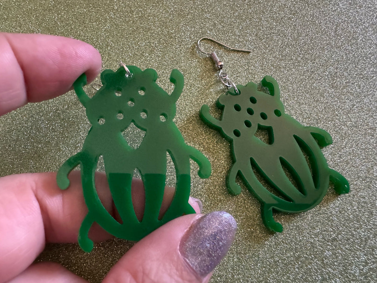 Beetle Earrings: Laser Cut Acrylic Beetles, Green Earrings, Bugs, Insects, Entomology, Costume Jewelry, Novelty, Best Gifts for Her/Him/Them