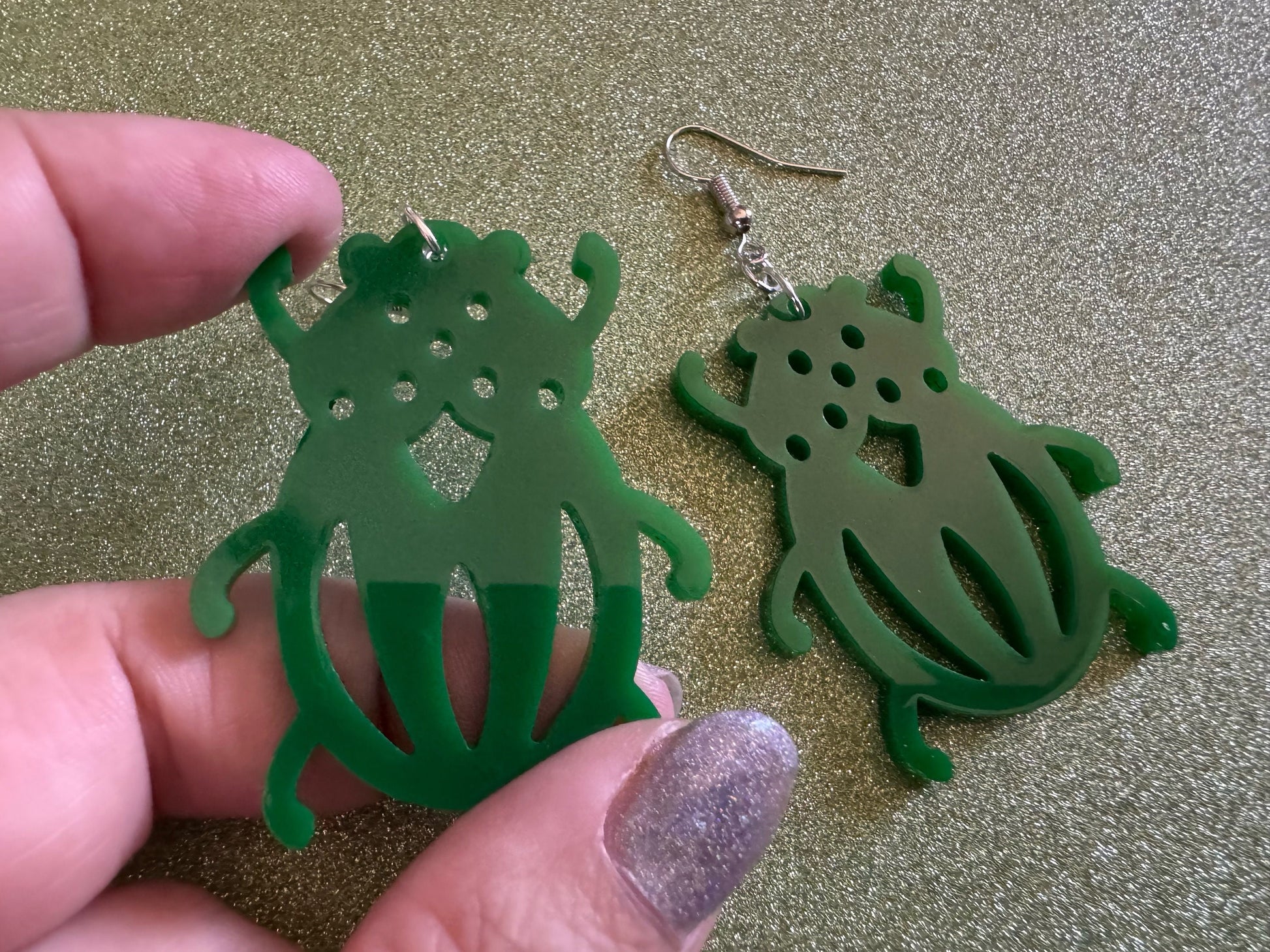 Beetle Earrings: Laser Cut Acrylic Beetles, Green Earrings, Bugs, Insects, Entomology, Costume Jewelry, Novelty, Best Gifts for Her/Him/Them