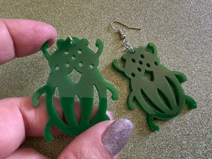 Beetle Earrings: Laser Cut Acrylic Beetles, Green Earrings, Bugs, Insects, Entomology, Costume Jewelry, Novelty, Best Gifts for Her/Him/Them