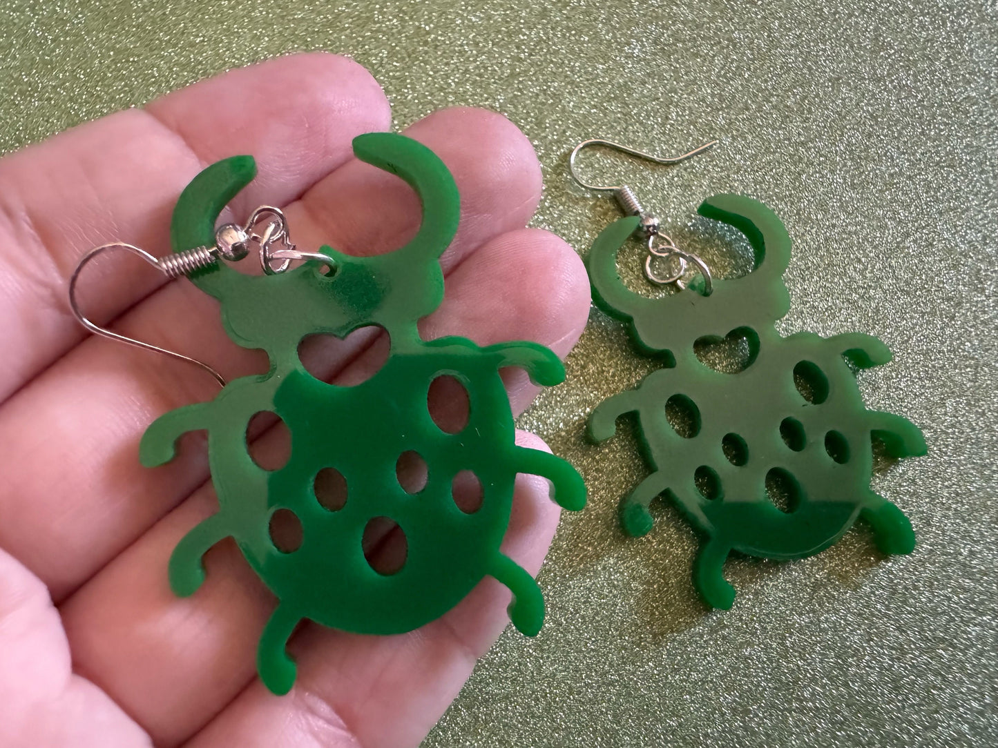 Beetle Earrings: Laser Cut Acrylic Beetles, Green Earrings, Bugs, Insects, Entomology, Costume Jewelry, Novelty, Best Gifts for Her/Him/Them