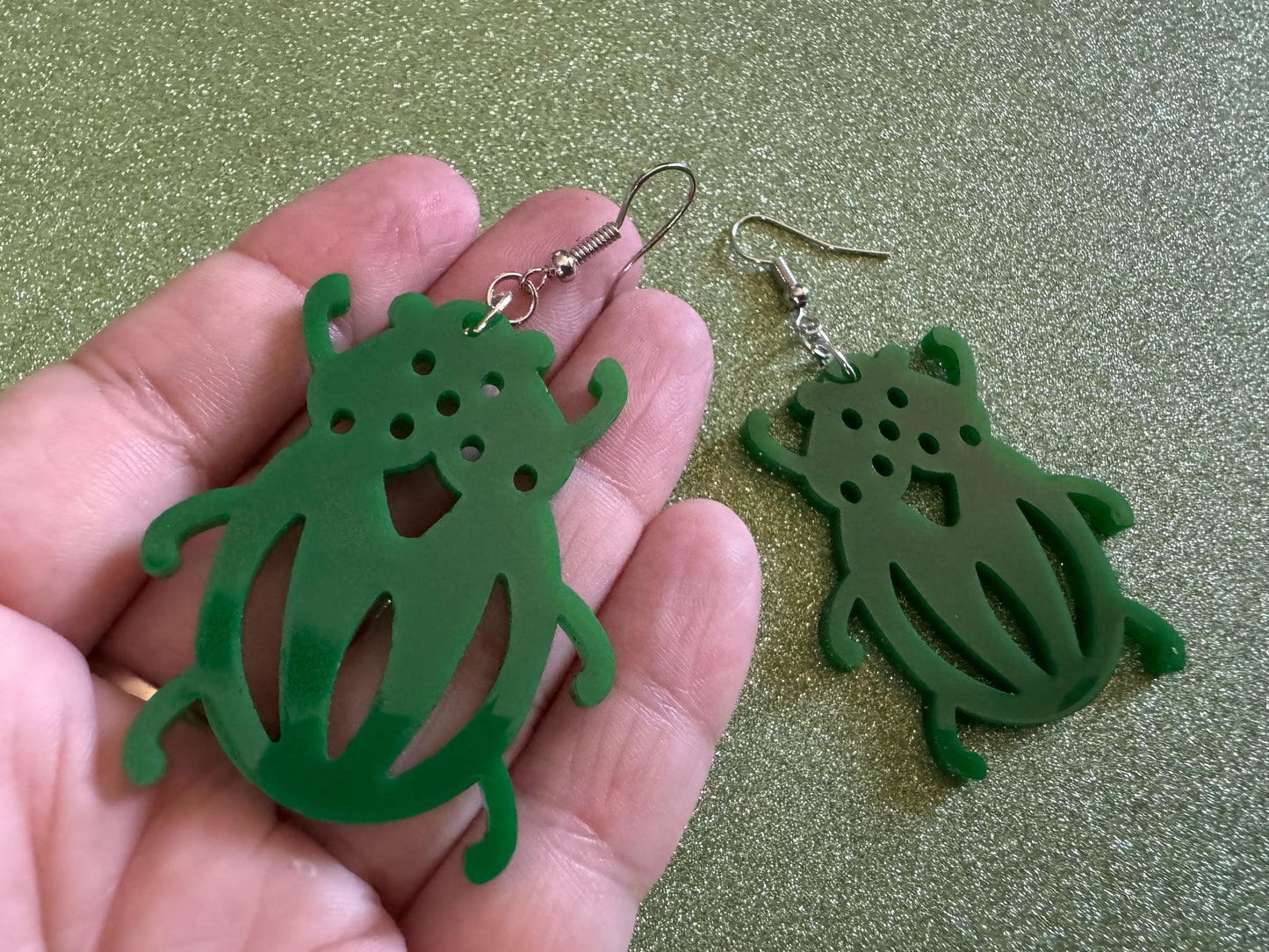 Beetle Earrings: Laser Cut Acrylic Beetles, Green Earrings, Bugs, Insects, Entomology, Costume Jewelry, Novelty, Best Gifts for Her/Him/Them