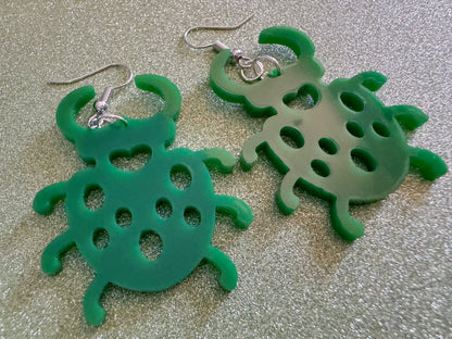 Beetle Earrings: Laser Cut Acrylic Beetles, Green Earrings, Bugs, Insects, Entomology, Costume Jewelry, Novelty, Best Gifts for Her/Him/Them