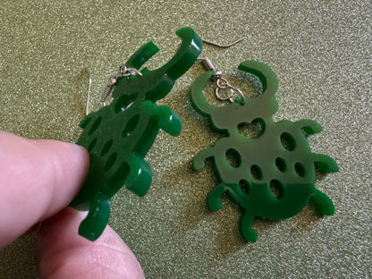 Beetle Earrings: Laser Cut Acrylic Beetles, Green Earrings, Bugs, Insects, Entomology, Costume Jewelry, Novelty, Best Gifts for Her/Him/Them