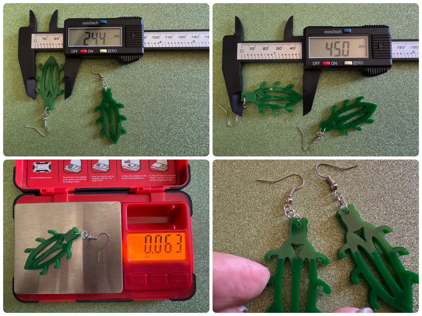 Beetle Earrings: Laser Cut Acrylic Beetles, Green Earrings, Bugs, Insects, Entomology, Costume Jewelry, Novelty, Best Gifts for Her/Him/Them