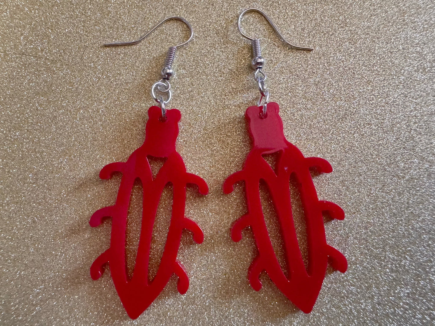 Beetle Earrings: Laser Cut Acrylic Beetles, Red Bugs, Insects, Entomology, Costume Jewelry, Novelty Gag Gift, Best Gifts for Her/Him/Them