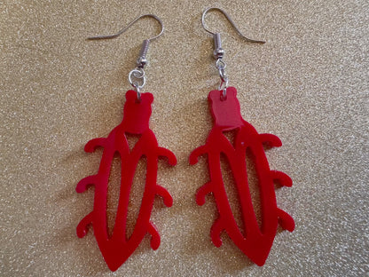 Beetle Earrings: Laser Cut Acrylic Beetles, Red Bugs, Insects, Entomology, Costume Jewelry, Novelty Gag Gift, Best Gifts for Her/Him/Them