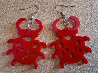 Beetle Earrings: Laser Cut Acrylic Beetles, Red Bugs, Insects, Entomology, Costume Jewelry, Novelty Gag Gift, Best Gifts for Her/Him/Them