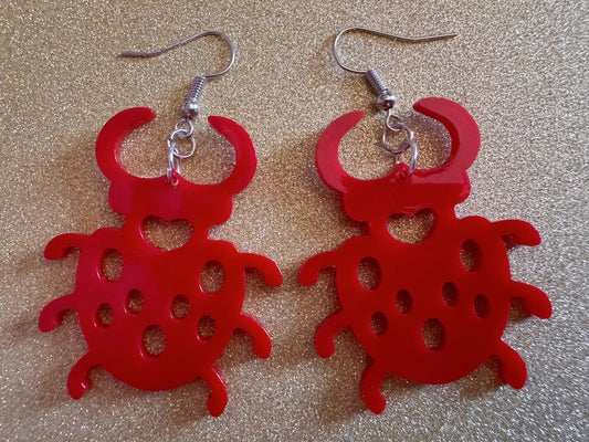 Beetle Earrings: Laser Cut Acrylic Beetles, Red Bugs, Insects, Entomology, Costume Jewelry, Novelty Gag Gift, Best Gifts for Her/Him/Them