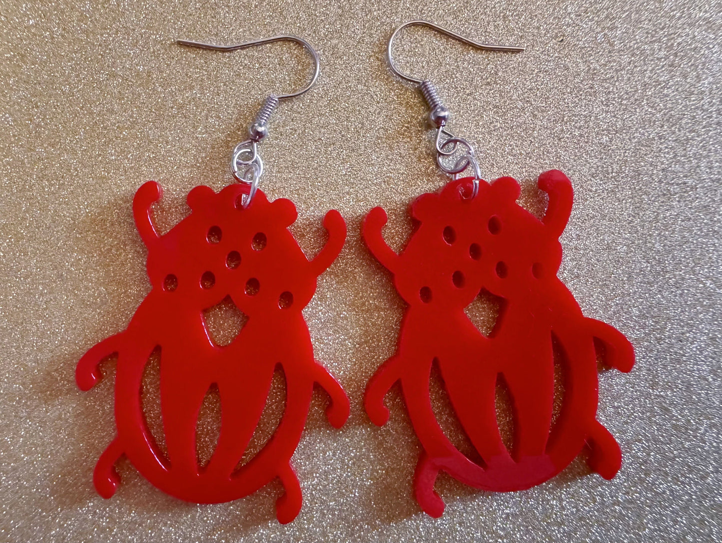 Beetle Earrings: Laser Cut Acrylic Beetles, Red Bugs, Insects, Entomology, Costume Jewelry, Novelty Gag Gift, Best Gifts for Her/Him/Them