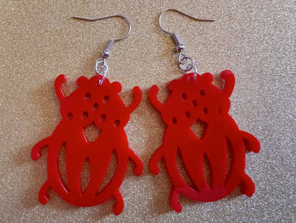 Beetle Earrings: Laser Cut Acrylic Beetles, Red Bugs, Insects, Entomology, Costume Jewelry, Novelty Gag Gift, Best Gifts for Her/Him/Them