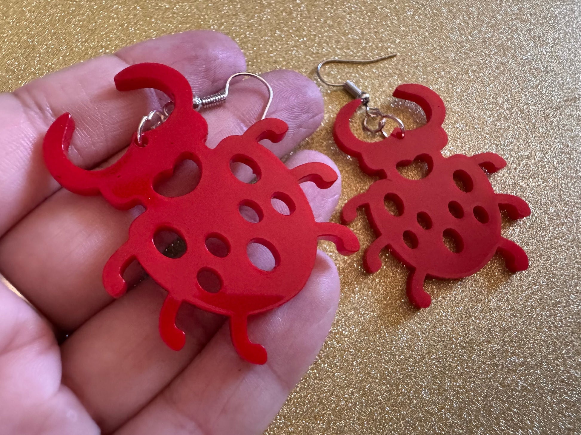 Beetle Earrings: Laser Cut Acrylic Beetles, Red Bugs, Insects, Entomology, Costume Jewelry, Novelty Gag Gift, Best Gifts for Her/Him/Them