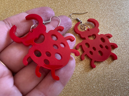 Beetle Earrings: Laser Cut Acrylic Beetles, Red Bugs, Insects, Entomology, Costume Jewelry, Novelty Gag Gift, Best Gifts for Her/Him/Them
