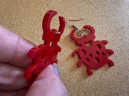 Beetle Earrings: Laser Cut Acrylic Beetles, Red Bugs, Insects, Entomology, Costume Jewelry, Novelty Gag Gift, Best Gifts for Her/Him/Them