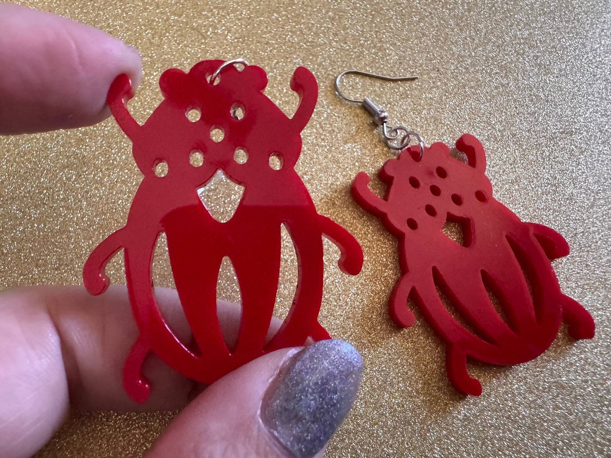 Beetle Earrings: Laser Cut Acrylic Beetles, Red Bugs, Insects, Entomology, Costume Jewelry, Novelty Gag Gift, Best Gifts for Her/Him/Them