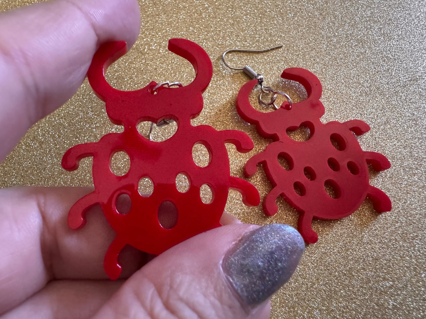Beetle Earrings: Laser Cut Acrylic Beetles, Red Bugs, Insects, Entomology, Costume Jewelry, Novelty Gag Gift, Best Gifts for Her/Him/Them