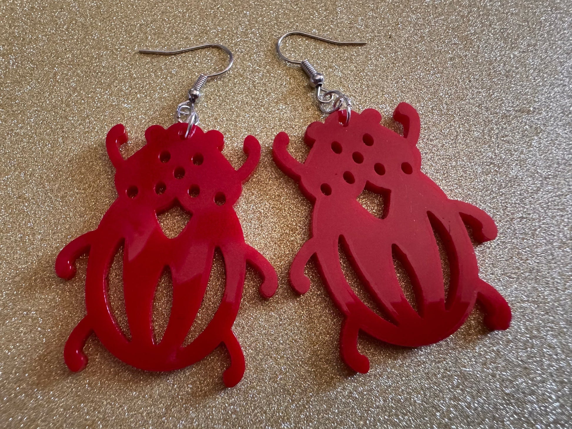 Beetle Earrings: Laser Cut Acrylic Beetles, Red Bugs, Insects, Entomology, Costume Jewelry, Novelty Gag Gift, Best Gifts for Her/Him/Them