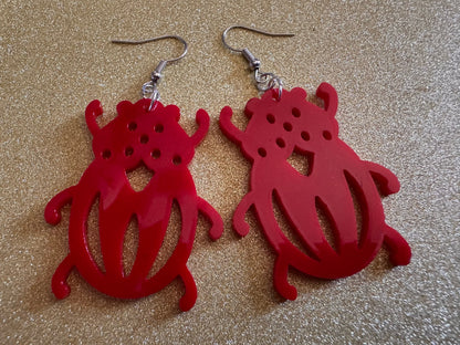 Beetle Earrings: Laser Cut Acrylic Beetles, Red Bugs, Insects, Entomology, Costume Jewelry, Novelty Gag Gift, Best Gifts for Her/Him/Them