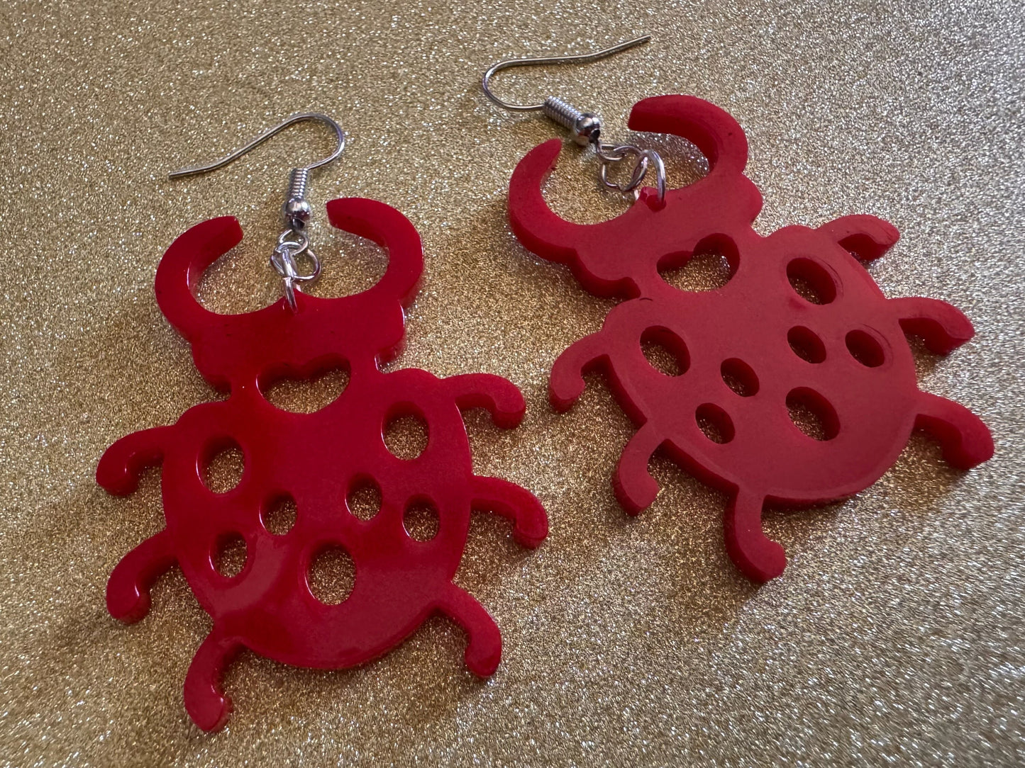 Beetle Earrings: Laser Cut Acrylic Beetles, Red Bugs, Insects, Entomology, Costume Jewelry, Novelty Gag Gift, Best Gifts for Her/Him/Them