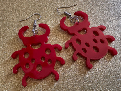 Beetle Earrings: Laser Cut Acrylic Beetles, Red Bugs, Insects, Entomology, Costume Jewelry, Novelty Gag Gift, Best Gifts for Her/Him/Them