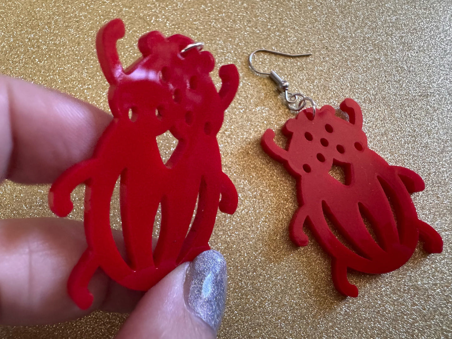 Beetle Earrings: Laser Cut Acrylic Beetles, Red Bugs, Insects, Entomology, Costume Jewelry, Novelty Gag Gift, Best Gifts for Her/Him/Them