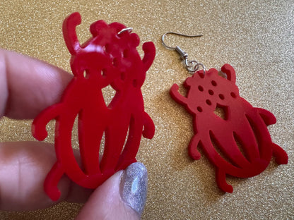 Beetle Earrings: Laser Cut Acrylic Beetles, Red Bugs, Insects, Entomology, Costume Jewelry, Novelty Gag Gift, Best Gifts for Her/Him/Them