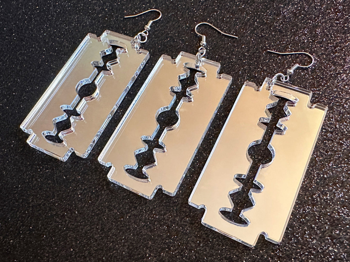 Big Mirrored Razor Blade Earrings: Laser Cut Acrylic Halloween Accessories, Scary, Horror, Murder, Shaving, Knife, Gifts for Her/Him/Them